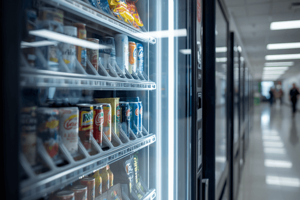 Refrigerated drink vending machine stocked with canned sodas