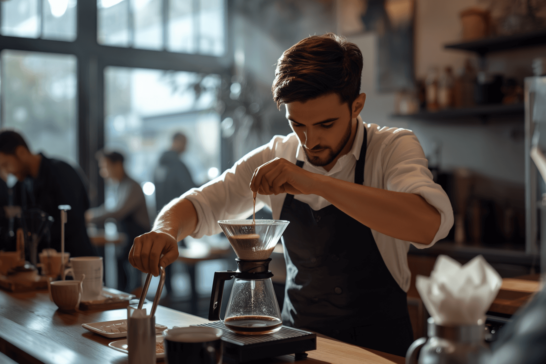 Barista making pour-over coffee at a cafe counter