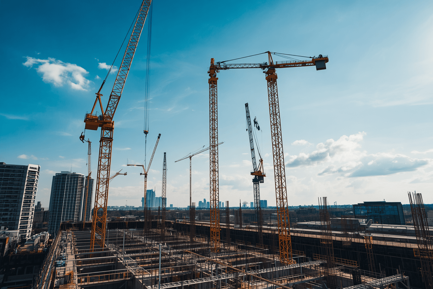 Tower cranes over a high-rise construction site against a city skyline
