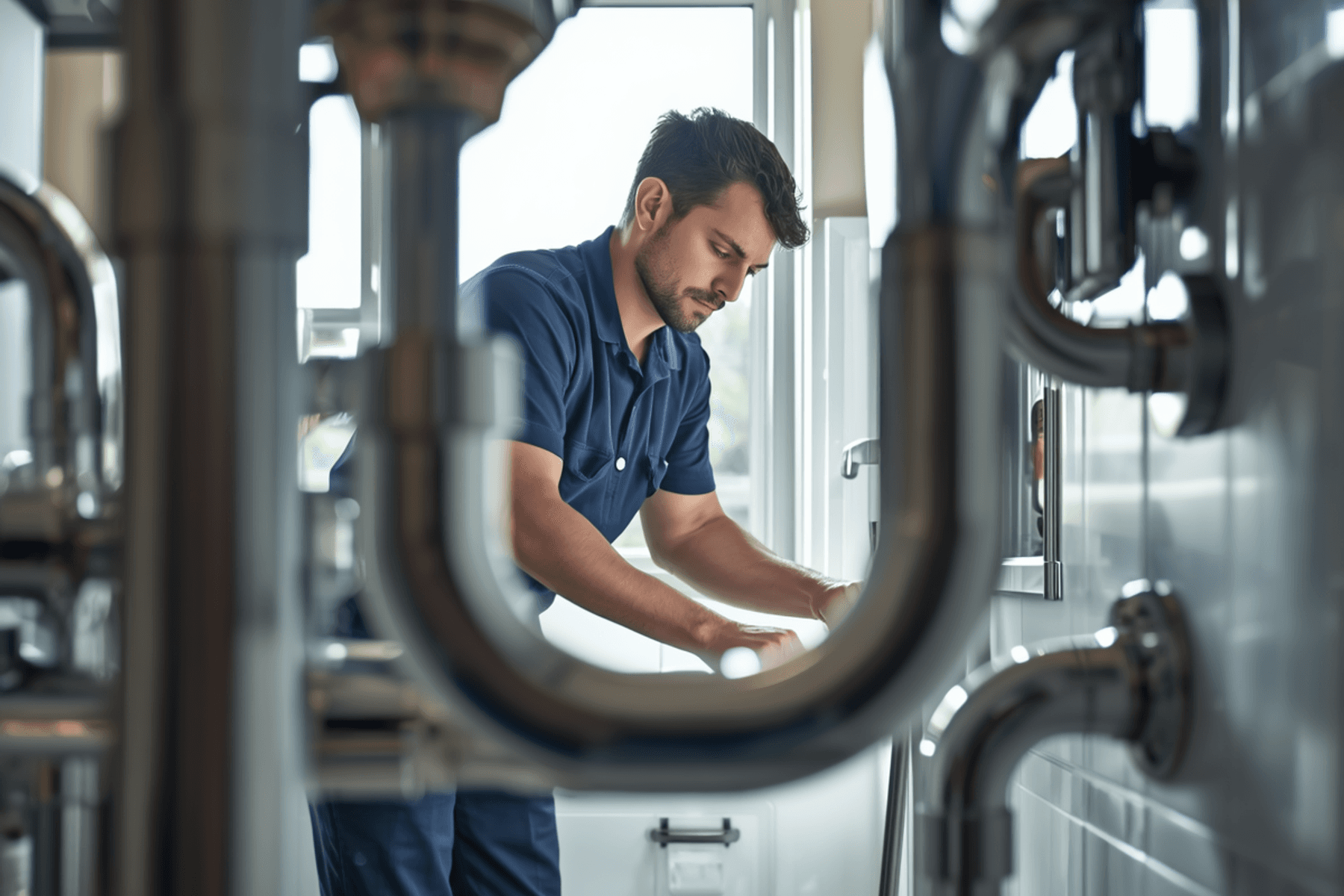 Plumber working on chrome pipework