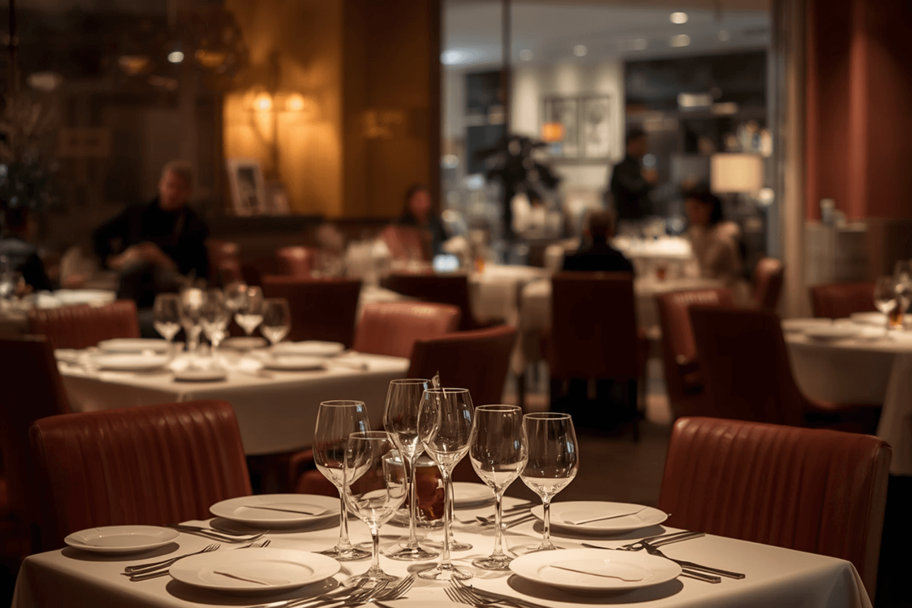 Restaurant dining room with white tablecloths and wine glasses
