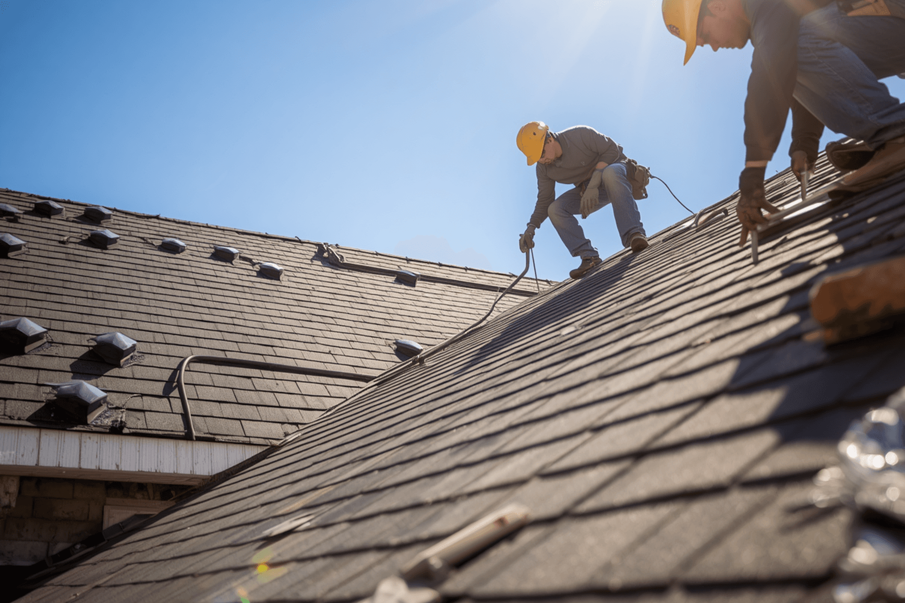 Roofers in hard hats working on a shingle roof