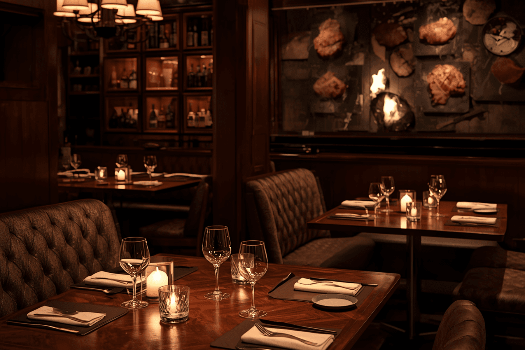 Steakhouse dining room with leather booths and candlelit tables