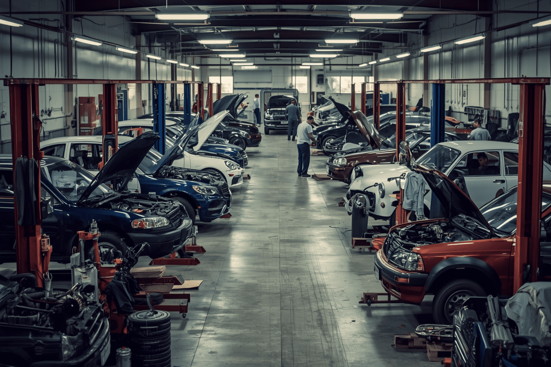 Auto body shop floor with cars raised on lifts and hoods open