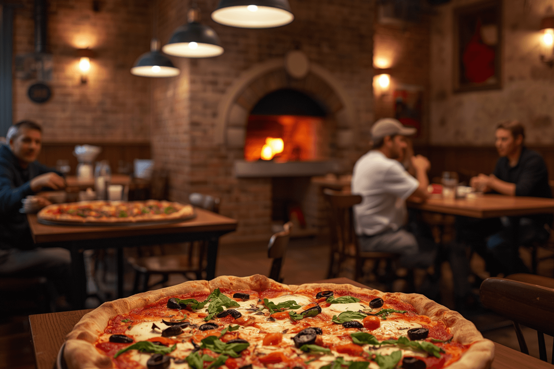Pizza on a table in a brick-walled pizzeria with a wood-fired oven